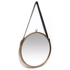 16" Farmhouse Round Hanging Wall Mirror with Frame Leather Strap Brass