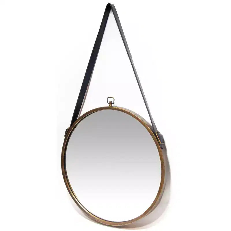 16" Farmhouse Round Hanging Wall Mirror with Frame Leather Strap Brass