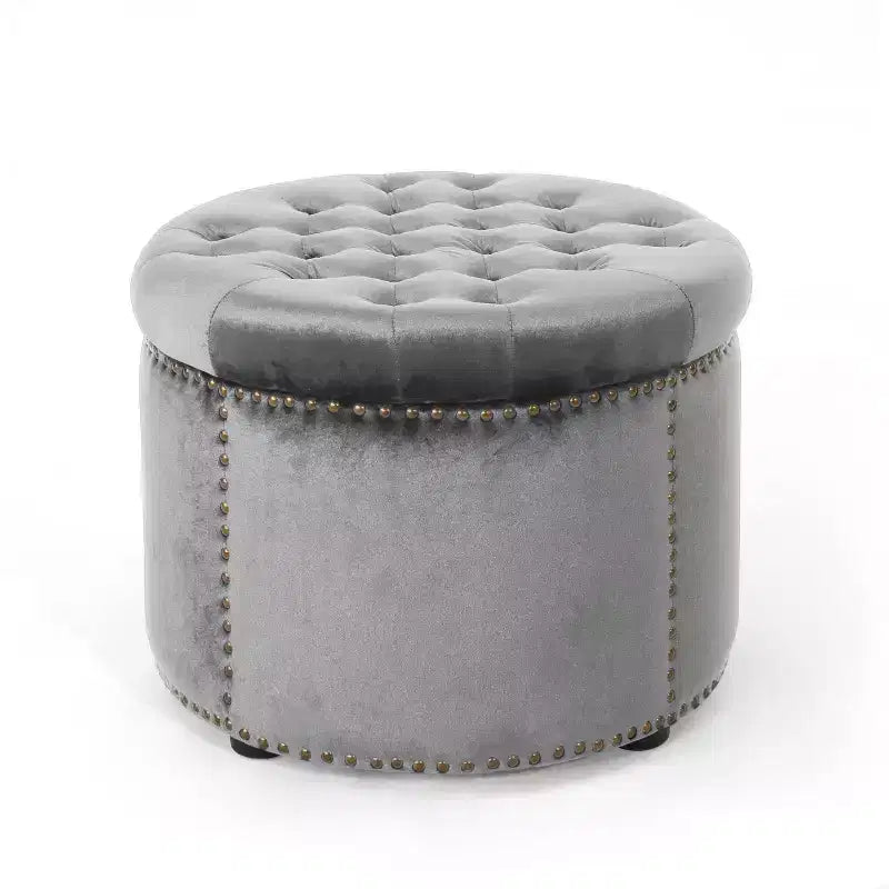 Contemporary Round Tufted Velvet Ottoman with Nailhead Trim