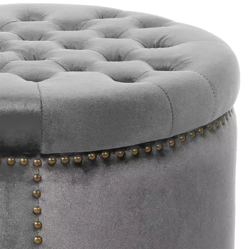 Contemporary Round Tufted Velvet Ottoman with Nailhead Trim