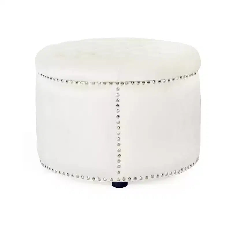 Contemporary Round Tufted Velvet Ottoman with Nailhead Trim