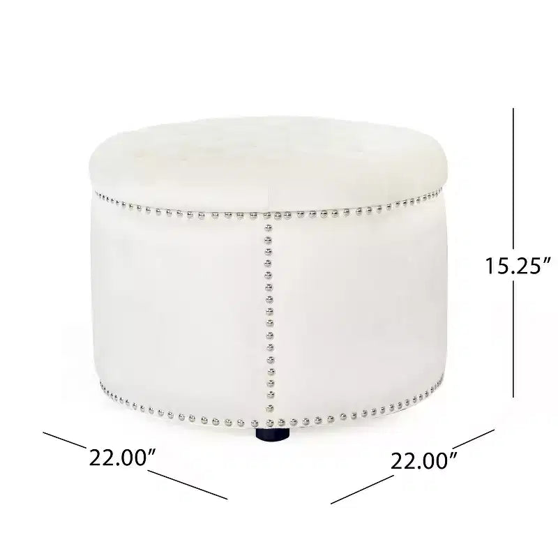 Contemporary Round Tufted Velvet Ottoman with Nailhead Trim