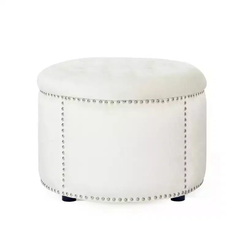 Contemporary Round Tufted Velvet Ottoman with Nailhead Trim