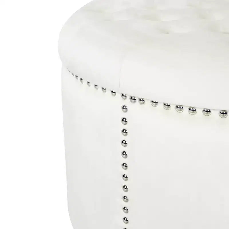 Contemporary Round Tufted Velvet Ottoman with Nailhead Trim