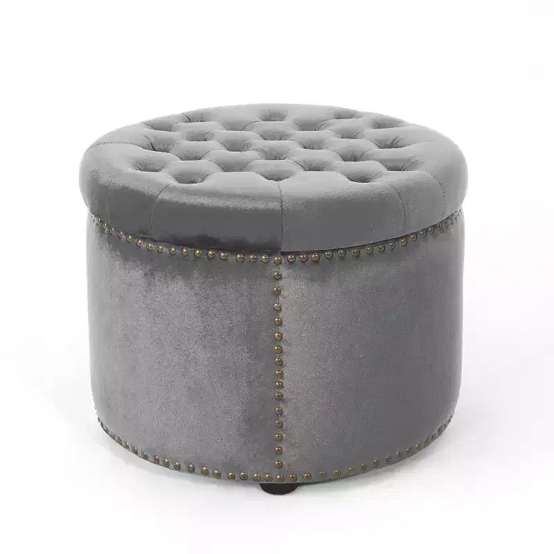 Contemporary Round Tufted Velvet Ottoman with Nailhead Trim