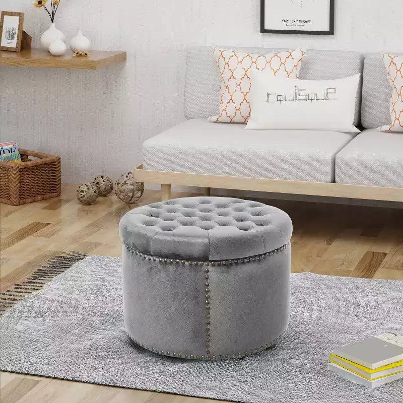 Contemporary Round Tufted Velvet Ottoman with Nailhead Trim