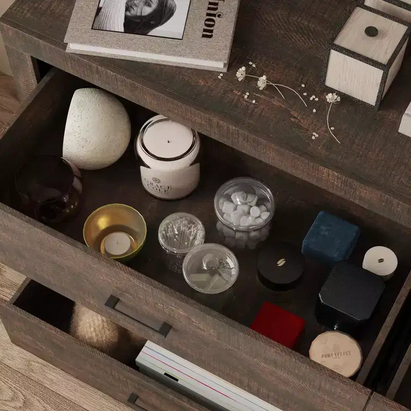 Wood Grain Dresser With Six Drawers And Black Handles For Living Room Storage