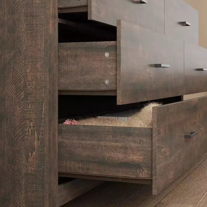 Wood Grain Dresser With Six Drawers And Black Handles For Living Room Storage