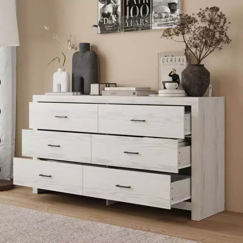 Wood Grain Dresser With Six Drawers And Black Handles For Living Room Storage