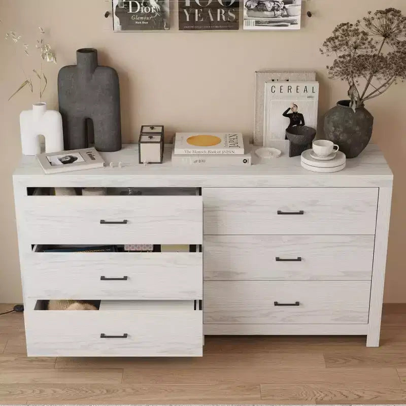 Wood Grain Dresser With Six Drawers And Black Handles For Living Room Storage