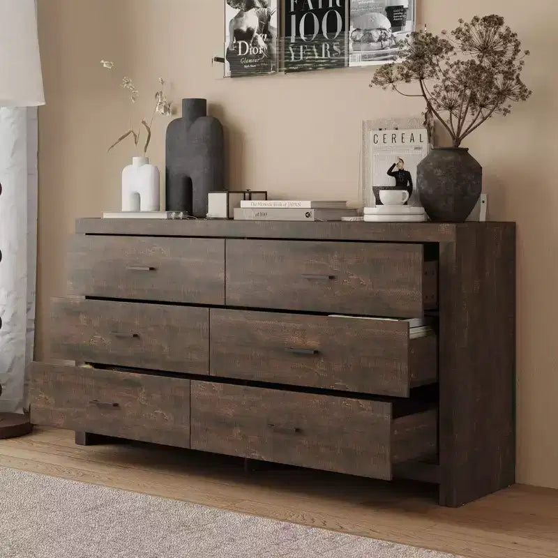 Wood Grain Dresser With Six Drawers And Black Handles For Living Room Storage