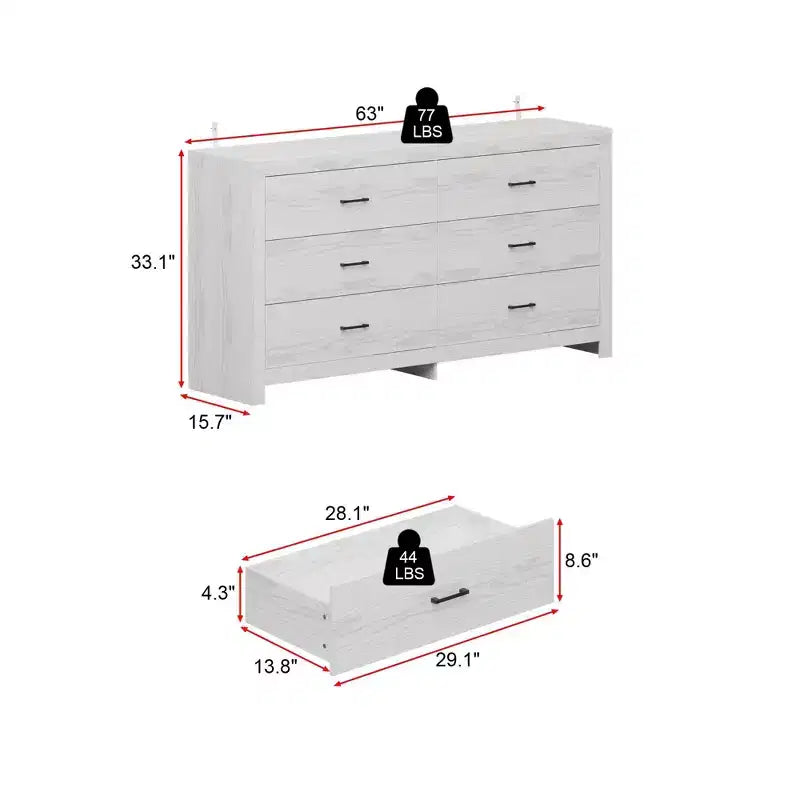 Wood Grain Dresser With Six Drawers And Black Handles For Living Room Storage
