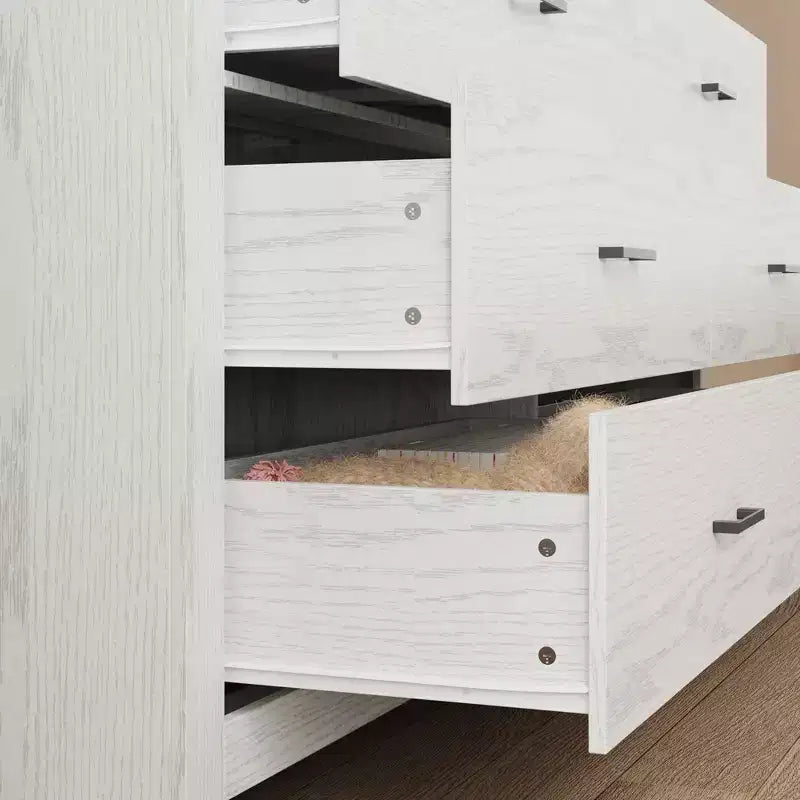 Wood Grain Dresser With Six Drawers And Black Handles For Living Room Storage