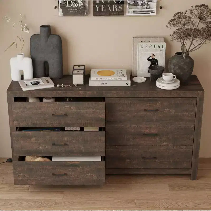 Wood Grain Dresser With Six Drawers And Black Handles For Living Room Storage