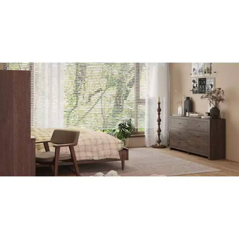 Wood Grain Dresser With Six Drawers And Black Handles For Living Room Storage