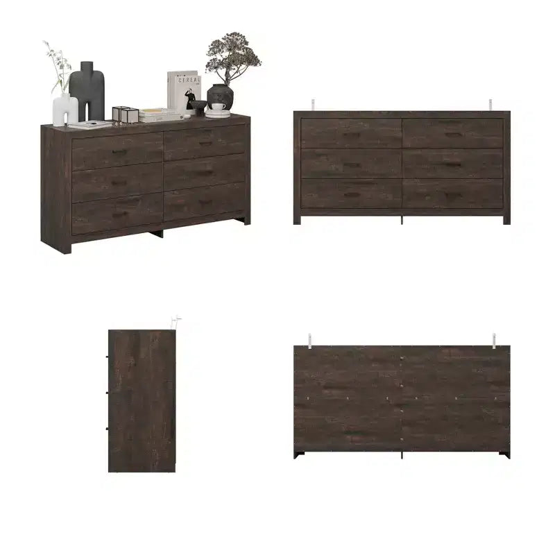 Wood Grain Dresser With Six Drawers And Black Handles For Living Room Storage