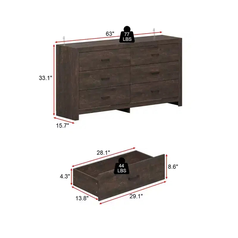 Wood Grain Dresser With Six Drawers And Black Handles For Living Room Storage