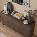 Wood Grain Dresser With Six Drawers And Black Handles For Living Room Storage