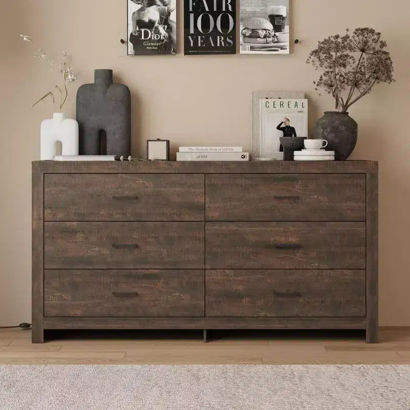 Wood Grain Dresser With Six Drawers And Black Handles For Living Room Storage