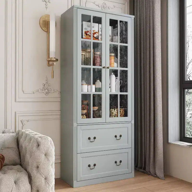 31.5''W Glass Doors Bookcase Display Cabinet Wooden Pantry Organizer