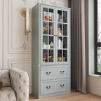 31.5''W Glass Doors Bookcase Display Cabinet Wooden Pantry Organizer