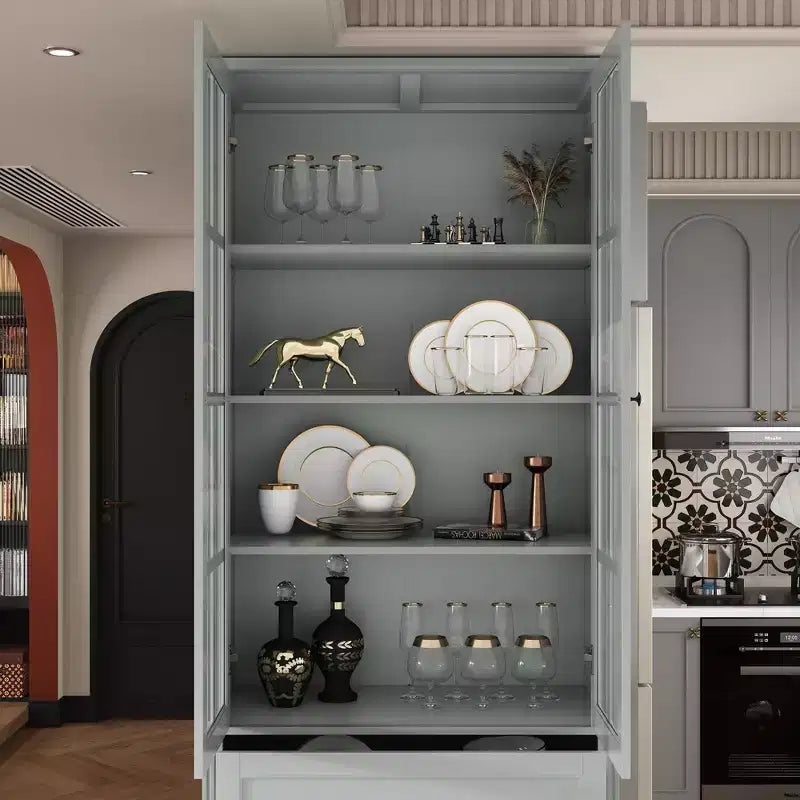 31.5''W Glass Doors Bookcase Display Cabinet Wooden Pantry Organizer