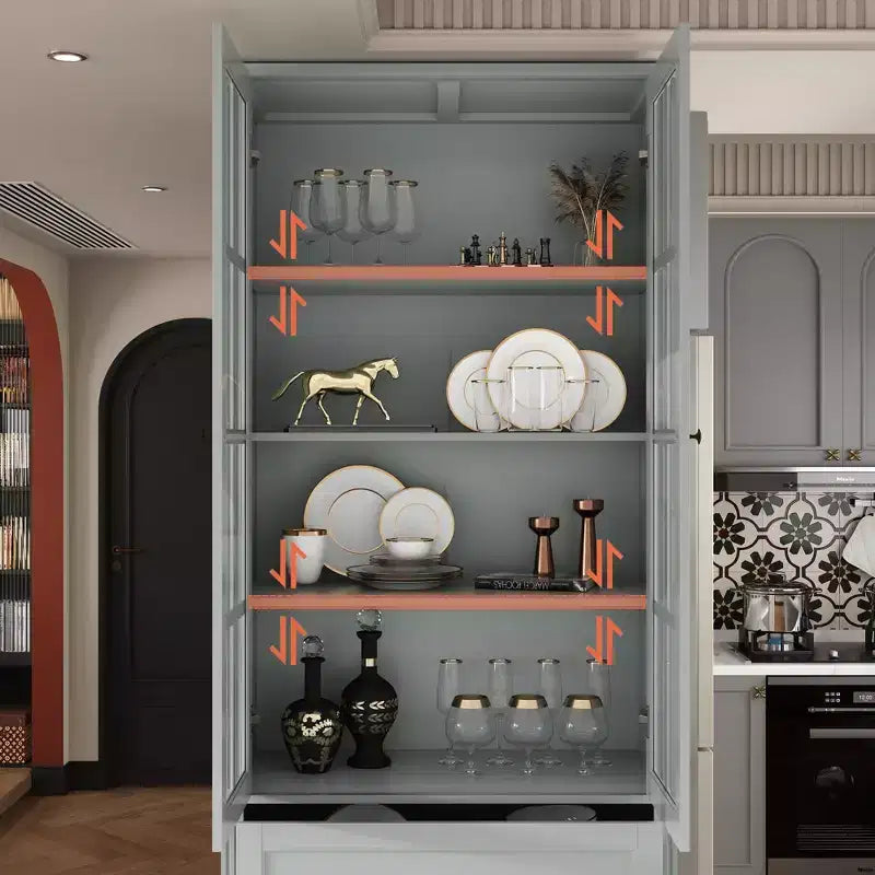 31.5''W Glass Doors Bookcase Display Cabinet Wooden Pantry Organizer