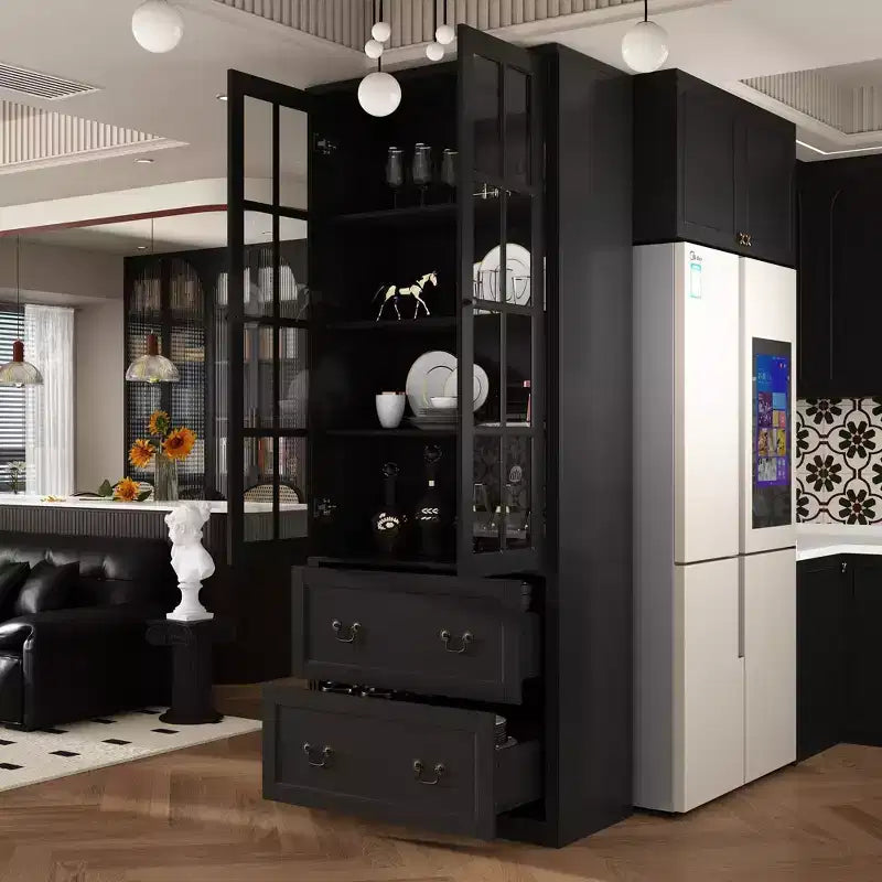 31.5''W Glass Doors Bookcase Display Cabinet Wooden Pantry Organizer