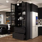 31.5''W Glass Doors Bookcase Display Cabinet Wooden Pantry Organizer