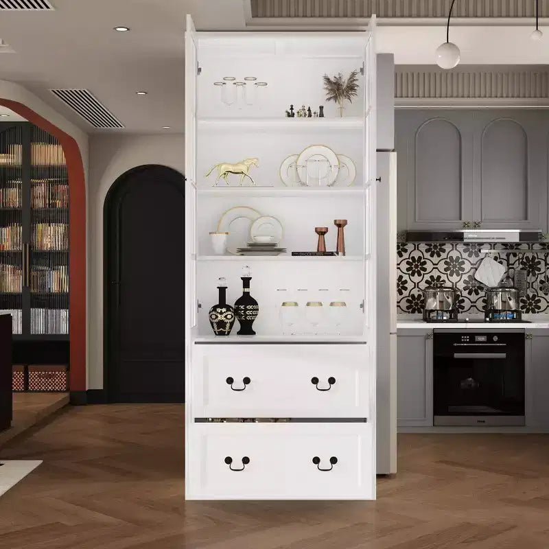 31.5''W Glass Doors Bookcase Display Cabinet Wooden Pantry Organizer