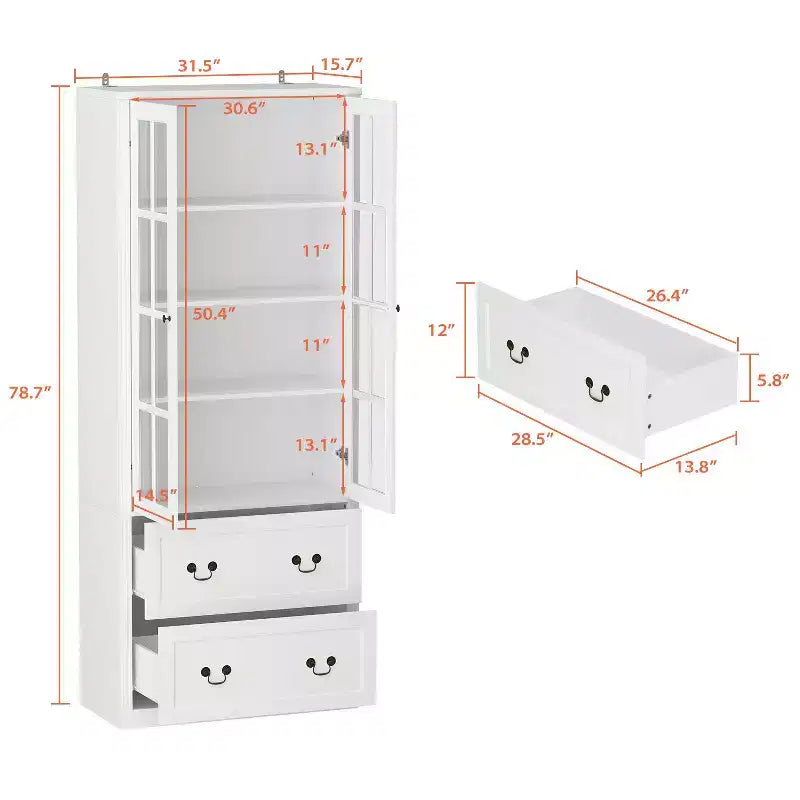 31.5''W Glass Doors Bookcase Display Cabinet Wooden Pantry Organizer
