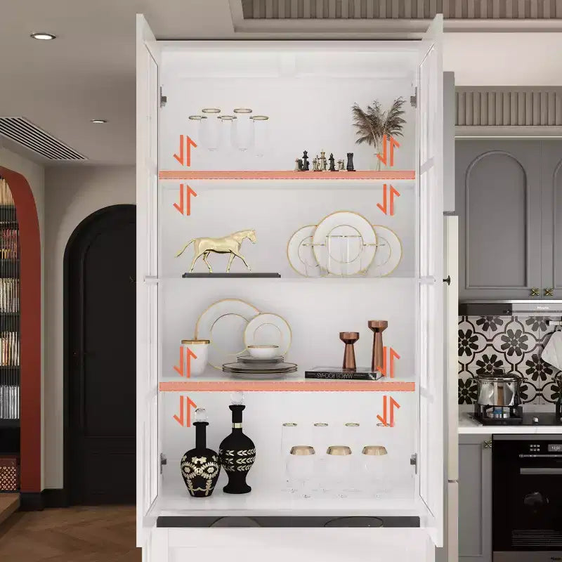 31.5''W Glass Doors Bookcase Display Cabinet Wooden Pantry Organizer
