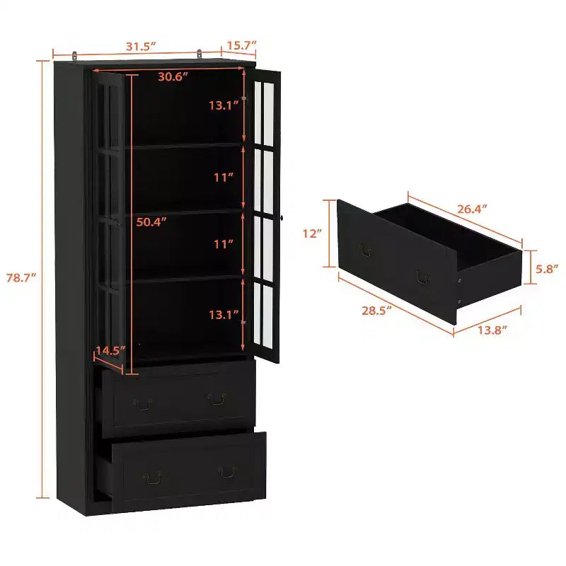 31.5''W Glass Doors Bookcase Display Cabinet Wooden Pantry Organizer