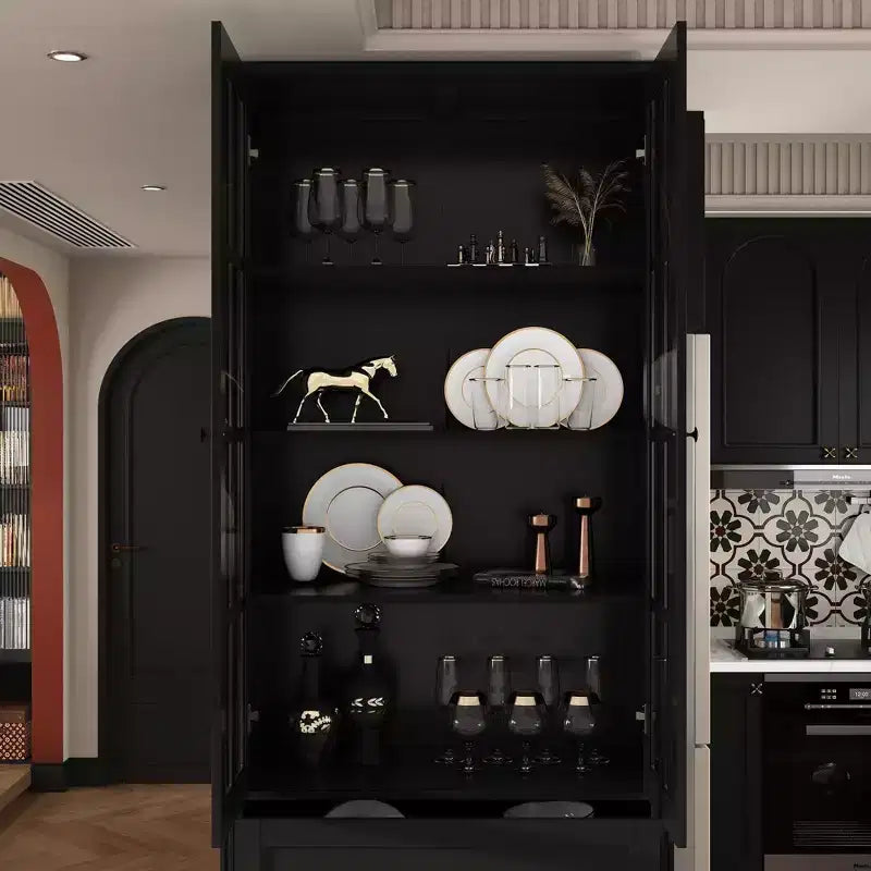 31.5''W Glass Doors Bookcase Display Cabinet Wooden Pantry Organizer