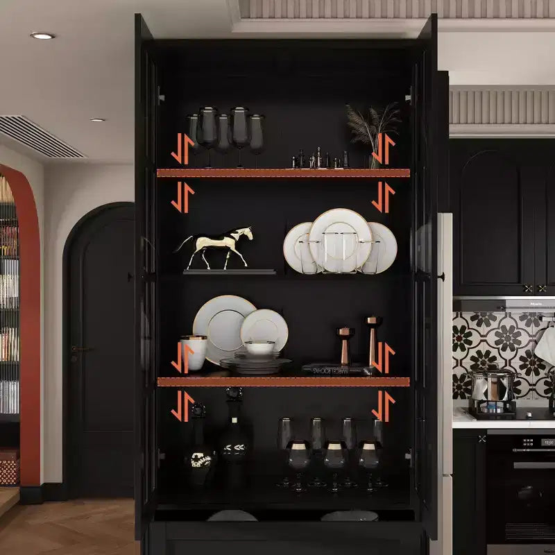 31.5''W Glass Doors Bookcase Display Cabinet Wooden Pantry Organizer