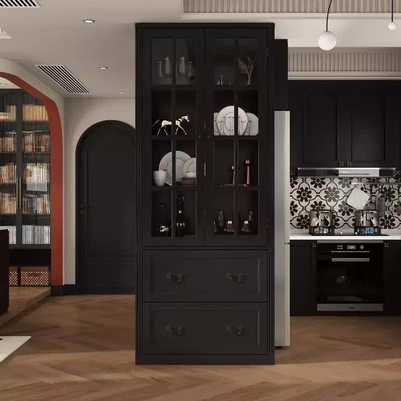 31.5''W Glass Doors Bookcase Display Cabinet Wooden Pantry Organizer