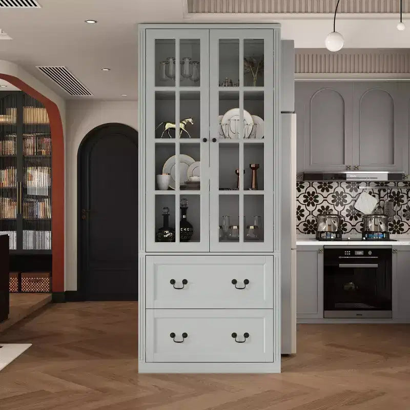 31.5''W Glass Doors Bookcase Display Cabinet Wooden Pantry Organizer