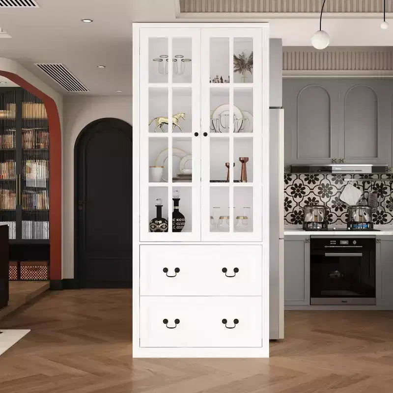 31.5''W Glass Doors Bookcase Display Cabinet Wooden Pantry Organizer