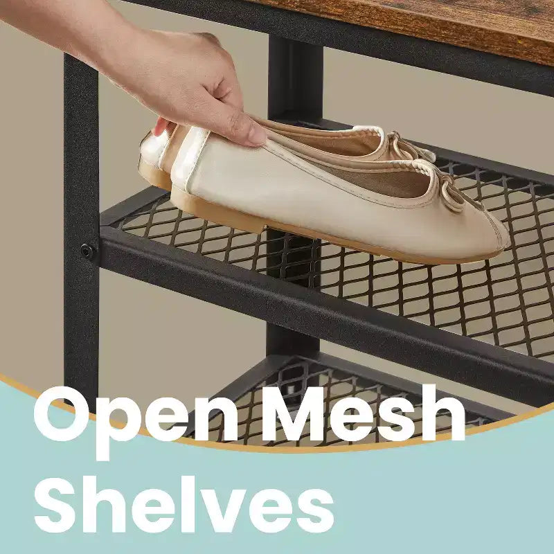 Industrial Chic 3-Tier Shoe Rack Bench with Metal Mesh Shelves - Stylish Entryway Organization and Seating