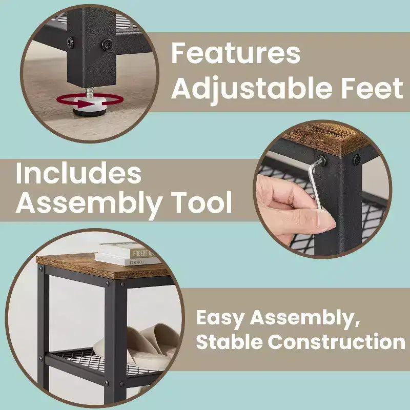 Industrial Chic 3-Tier Shoe Rack Bench with Metal Mesh Shelves - Stylish Entryway Organization and Seating