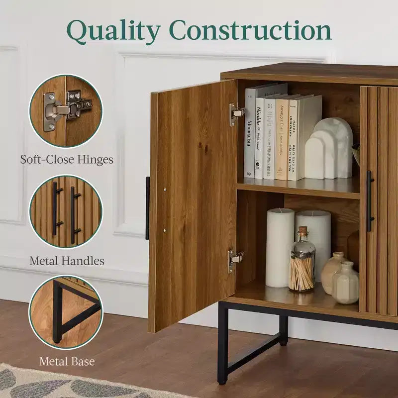 2-Door Slatted Storage Cabinet, Accent Furniture w/ Non-Scratch Foot Pads