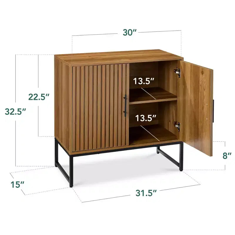 2-Door Slatted Storage Cabinet, Accent Furniture w/ Non-Scratch Foot Pads