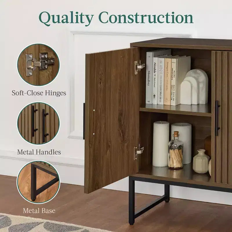 2-Door Slatted Storage Cabinet, Accent Furniture w/ Non-Scratch Foot Pads