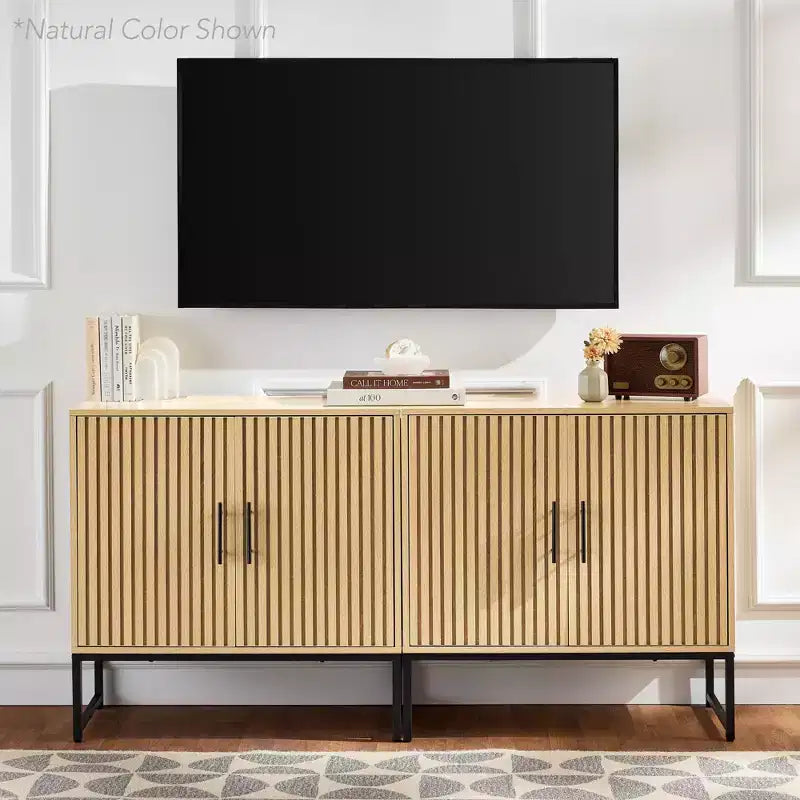 2-Door Slatted Storage Cabinet, Accent Furniture w/ Non-Scratch Foot Pads