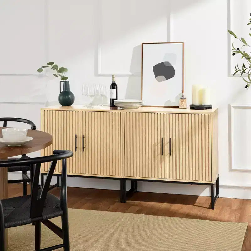2-Door Slatted Storage Cabinet, Accent Furniture w/ Non-Scratch Foot Pads