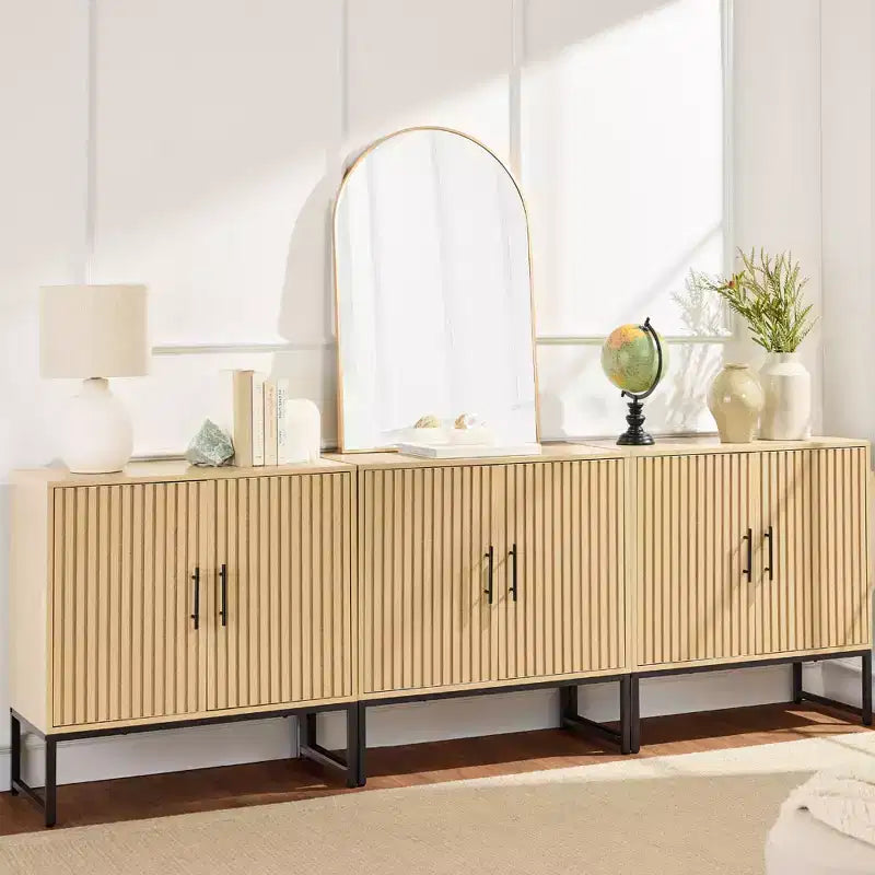 2-Door Slatted Storage Cabinet, Accent Furniture w/ Non-Scratch Foot Pads