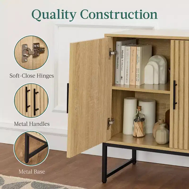 2-Door Slatted Storage Cabinet, Accent Furniture w/ Non-Scratch Foot Pads