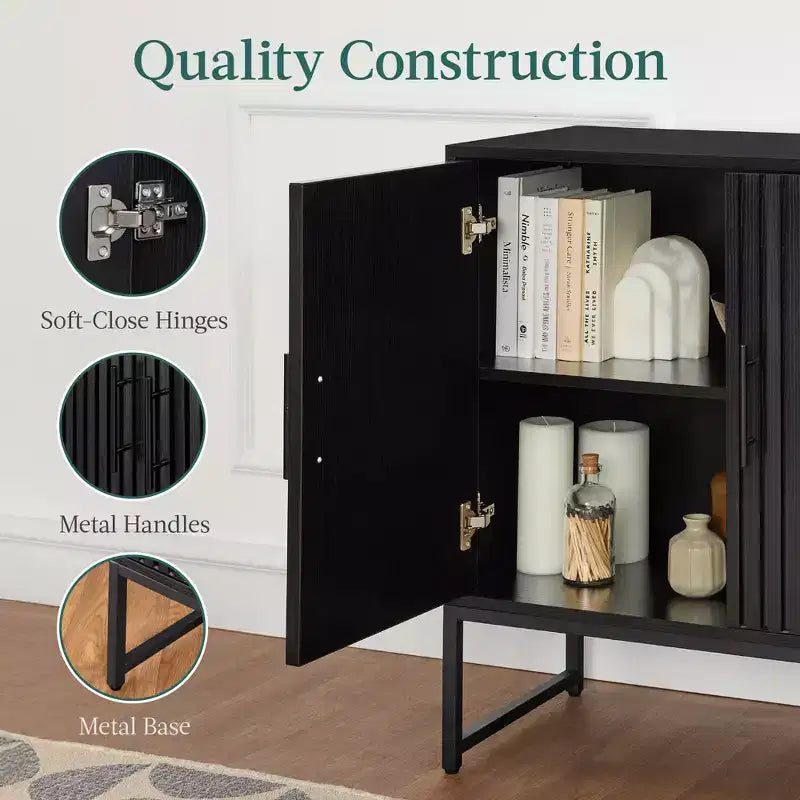 2-Door Slatted Storage Cabinet, Accent Furniture w/ Non-Scratch Foot Pads