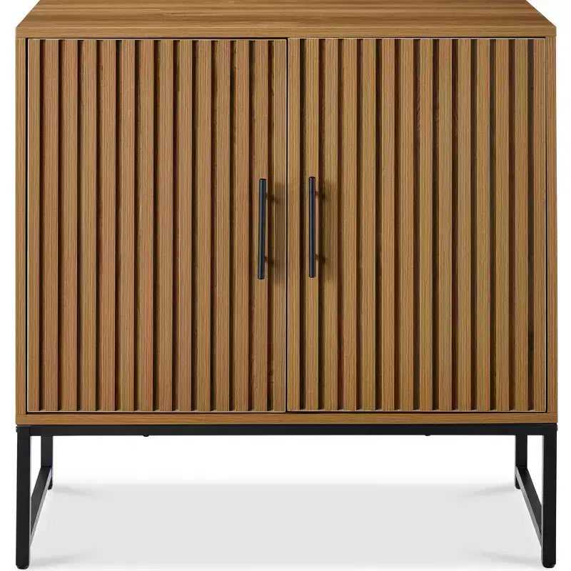 2-Door Slatted Storage Cabinet, Accent Furniture w/ Non-Scratch Foot Pads