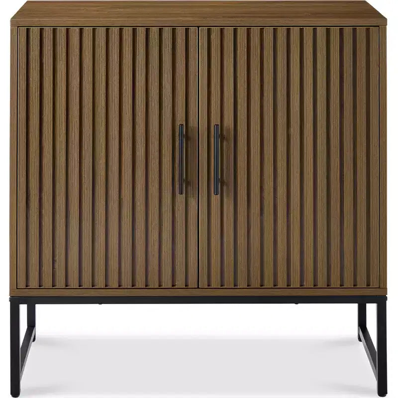 2-Door Slatted Storage Cabinet, Accent Furniture w/ Non-Scratch Foot Pads